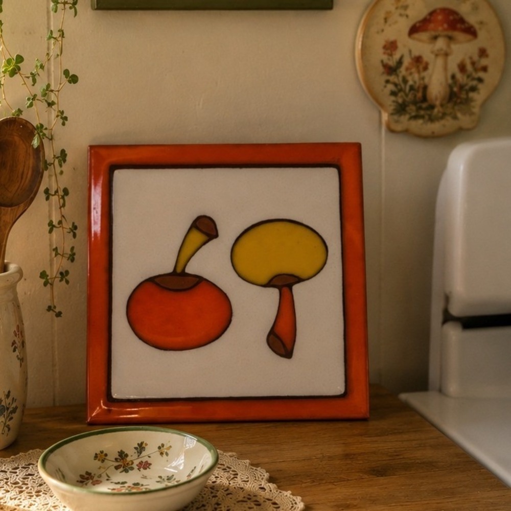 Arius Tile Co Handpainted Mushroom Ceramic Art Tile Edilgres Italy Orange Retro